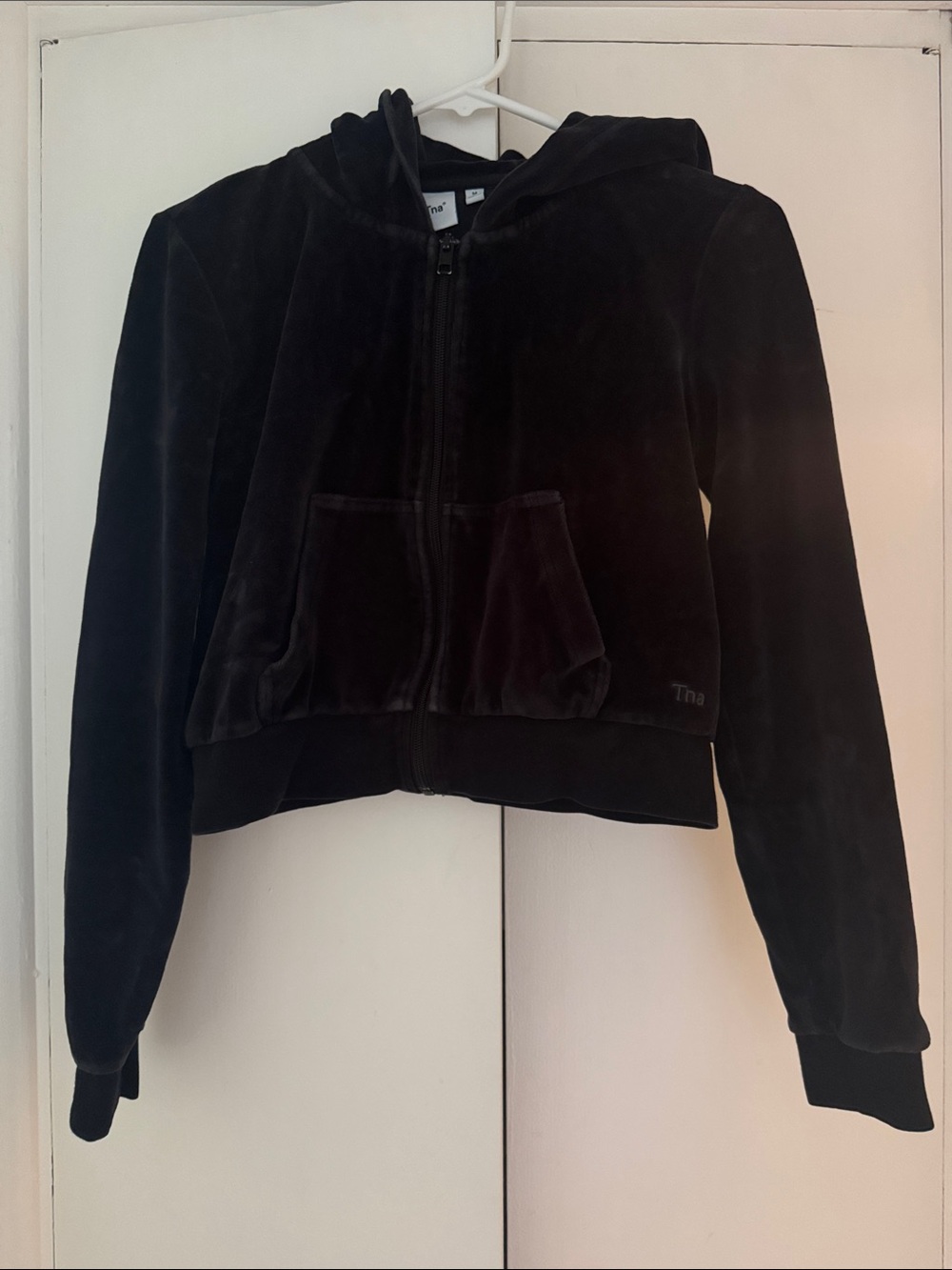 TNA Black Velvet Cropped Zip-Up Hoodie